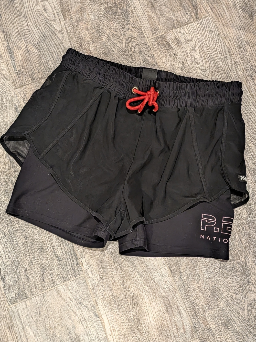 P.E Nation Black Athletic Shorts with Mesh Overlay • Large